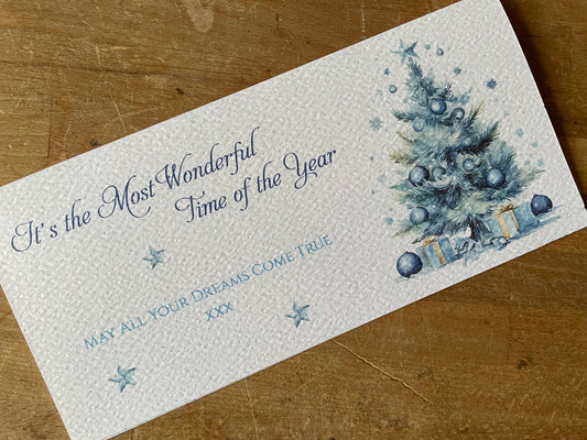 Personalised Blue Christmas Tree Money / Gift / Voucher Wallet - Money Wallet with Crystals and Bow