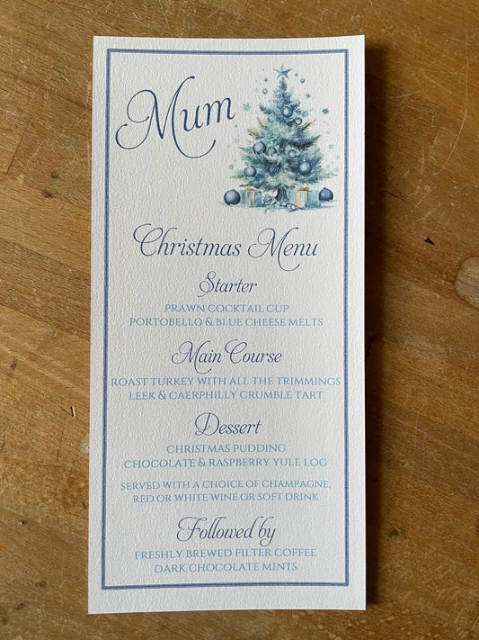 Personalised Christmas Table Menu Cards - Blue Christmas Tree - Table Setting Cards, Christmas Menu Cards