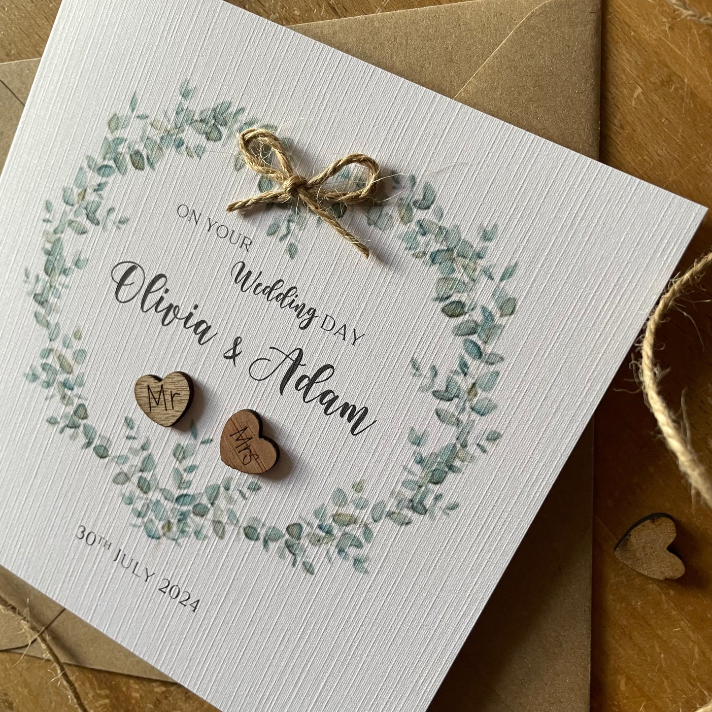 Personalised Wedding Day Card - Vintage Style Eucalyptus Heart Mr and Mrs - Rustic Wedding