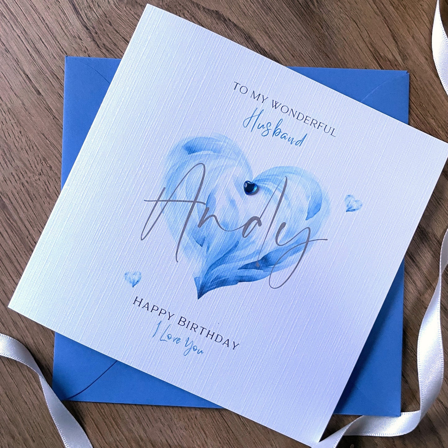 Personalised Birthday Card - Named Watercolour Heart - Blue