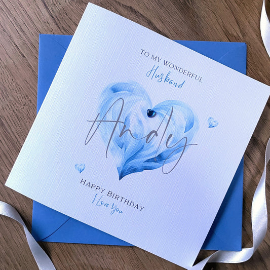 Personalised Birthday Card - Named Watercolour Heart - Blue