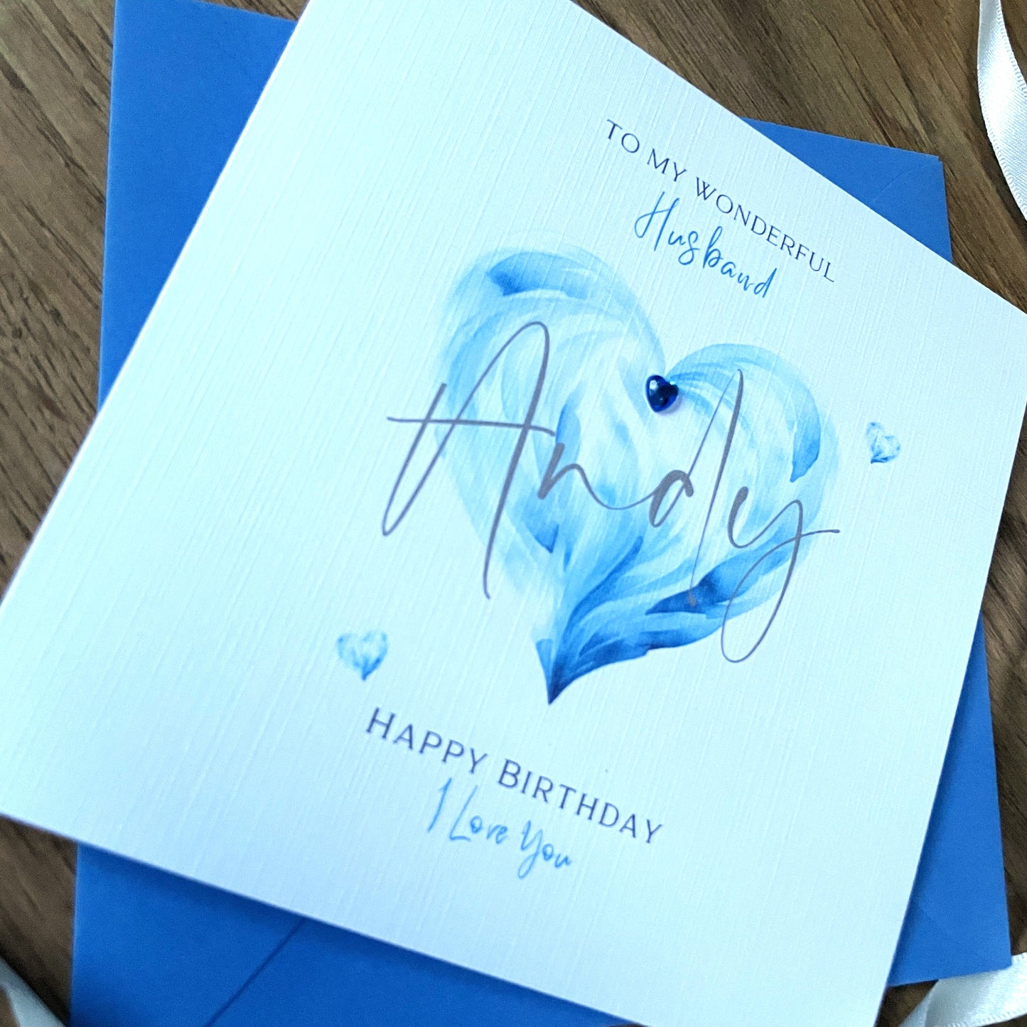 Personalised Birthday Card - Named Watercolour Heart - Blue