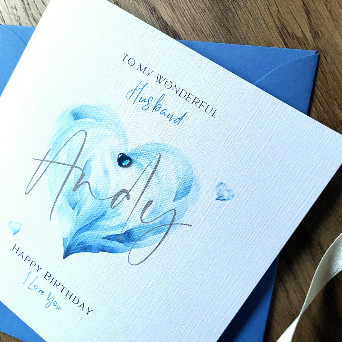 Personalised Birthday Card - Named Watercolour Heart - Blue