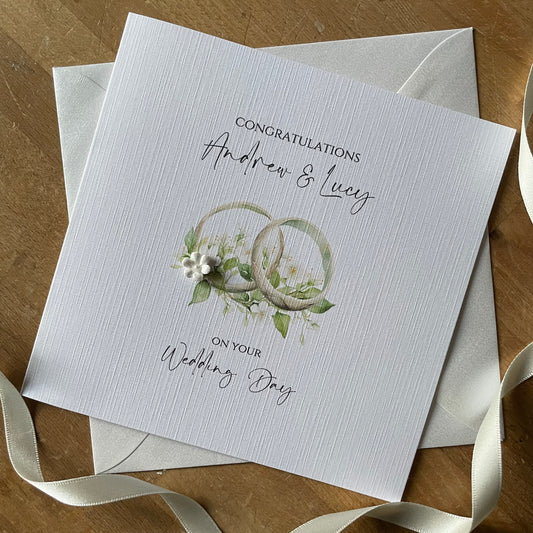 Personalised Newlyweds Bride & Groom Wedding Day Card - Floral Linked Wedding Rings Green/Cream - Congratulations Wedding Gift Card