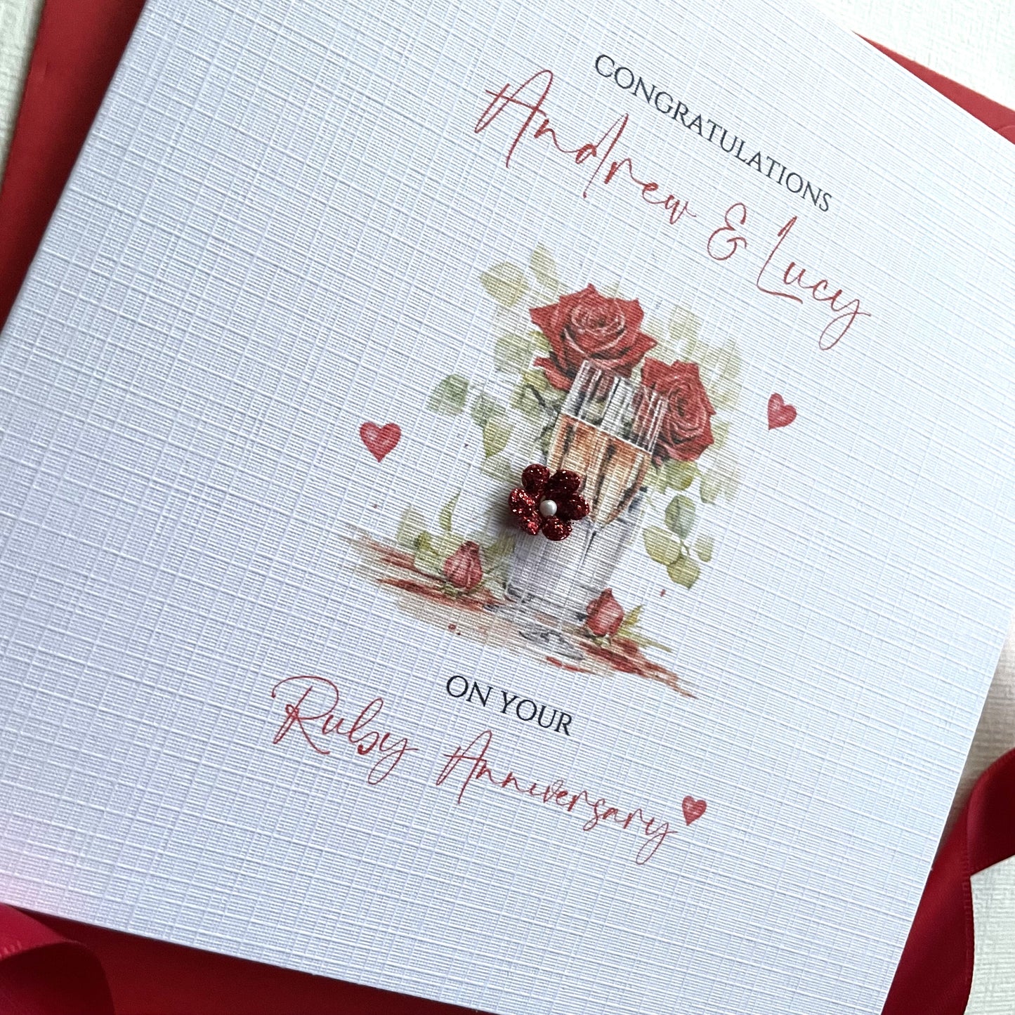 Ruby Wedding Anniversary Card, 40th, Champagne & Roses Personalised Card, 40 Years Personalised Anniversary