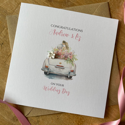 Personalised Wedding Day Card - Floral Wedding Car - Congratulations on your Wedding Day, Named Newlywed Card, Wedding Gift Card