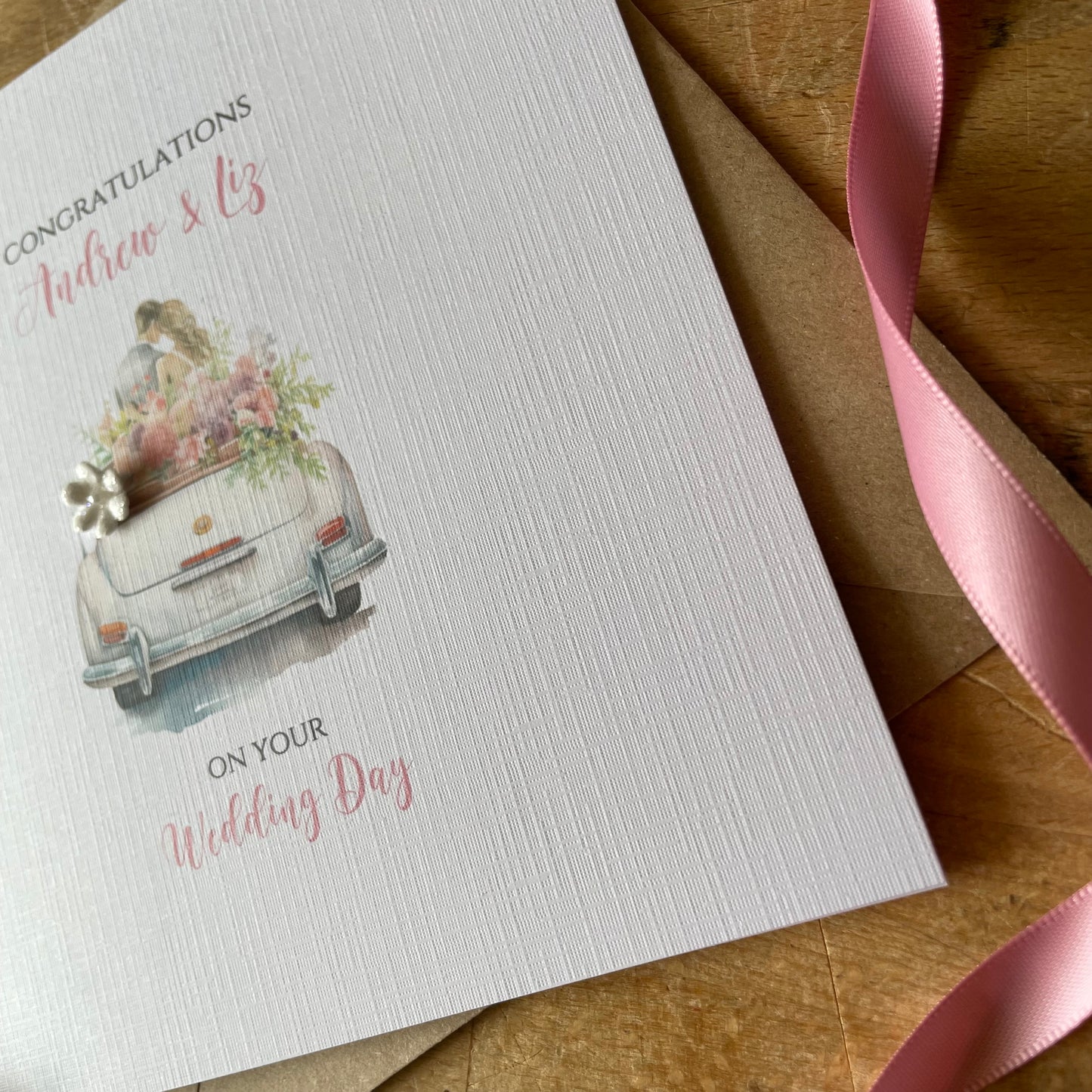 Personalised Wedding Day Card - Floral Wedding Car - Congratulations on your Wedding Day, Named Newlywed Card, Wedding Gift Card