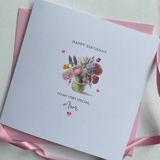 Personalised Birthday Card, Vase of Flowers & Hearts, Floral Birthday Gift Card - any name or age