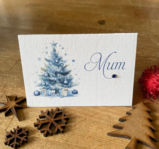 Personalised Christmas Table Name Cards - Blue Christmas Tree - Christmas Table Setting Cards