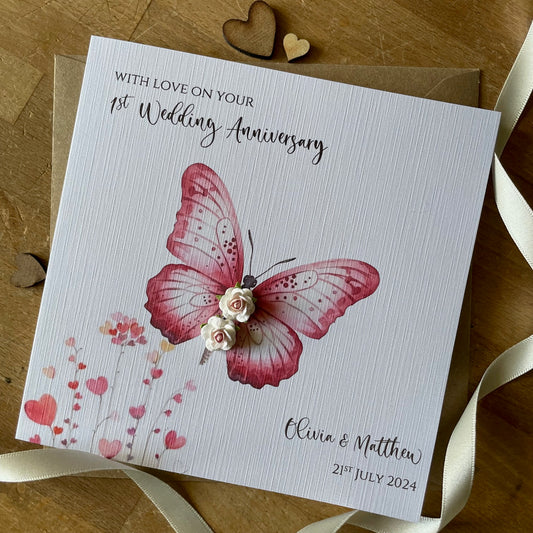 1st Wedding Anniversary Card - Paper Roses Butterfly - Personalised First Anniversary