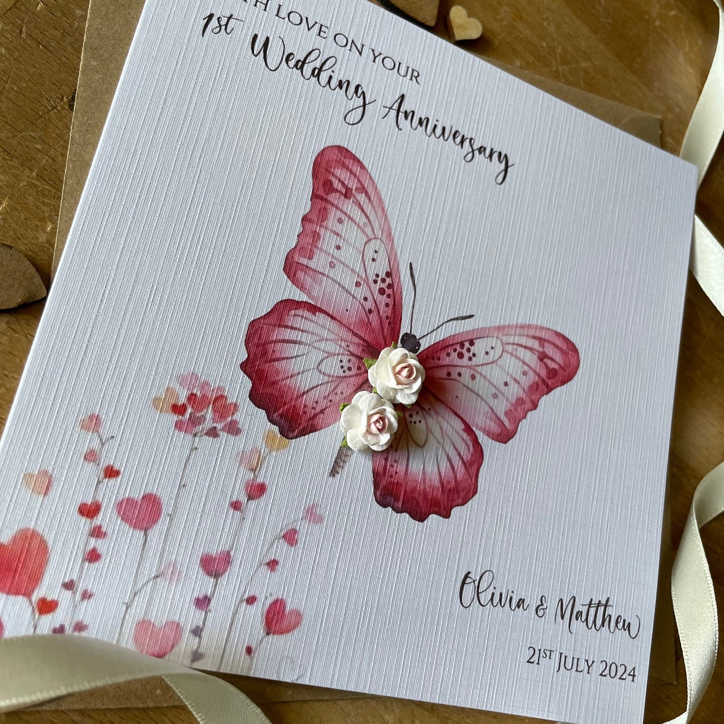 1st Wedding Anniversary Card - Paper Roses Butterfly - Personalised First Anniversary