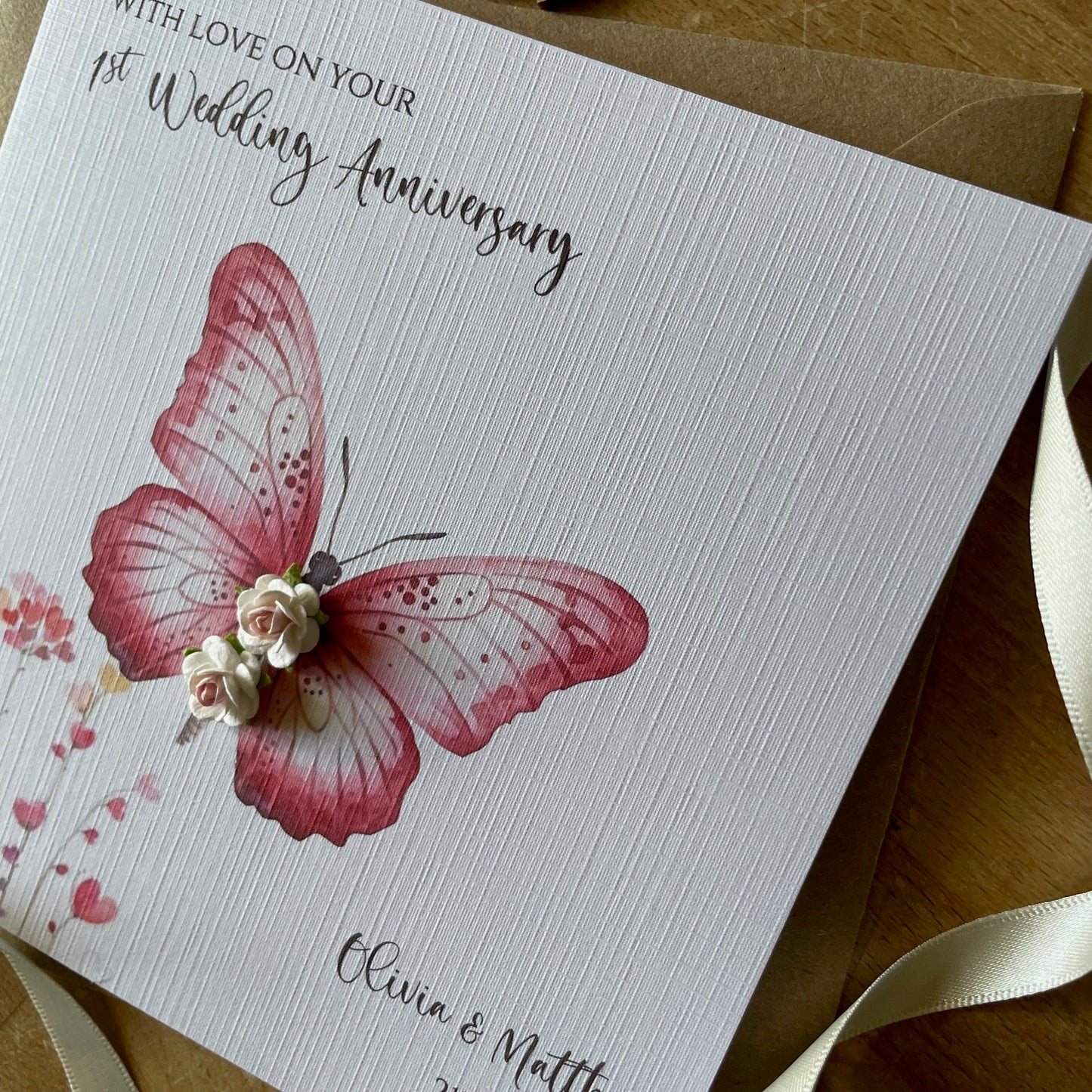 1st Wedding Anniversary Card - Paper Roses Butterfly - Personalised First Anniversary