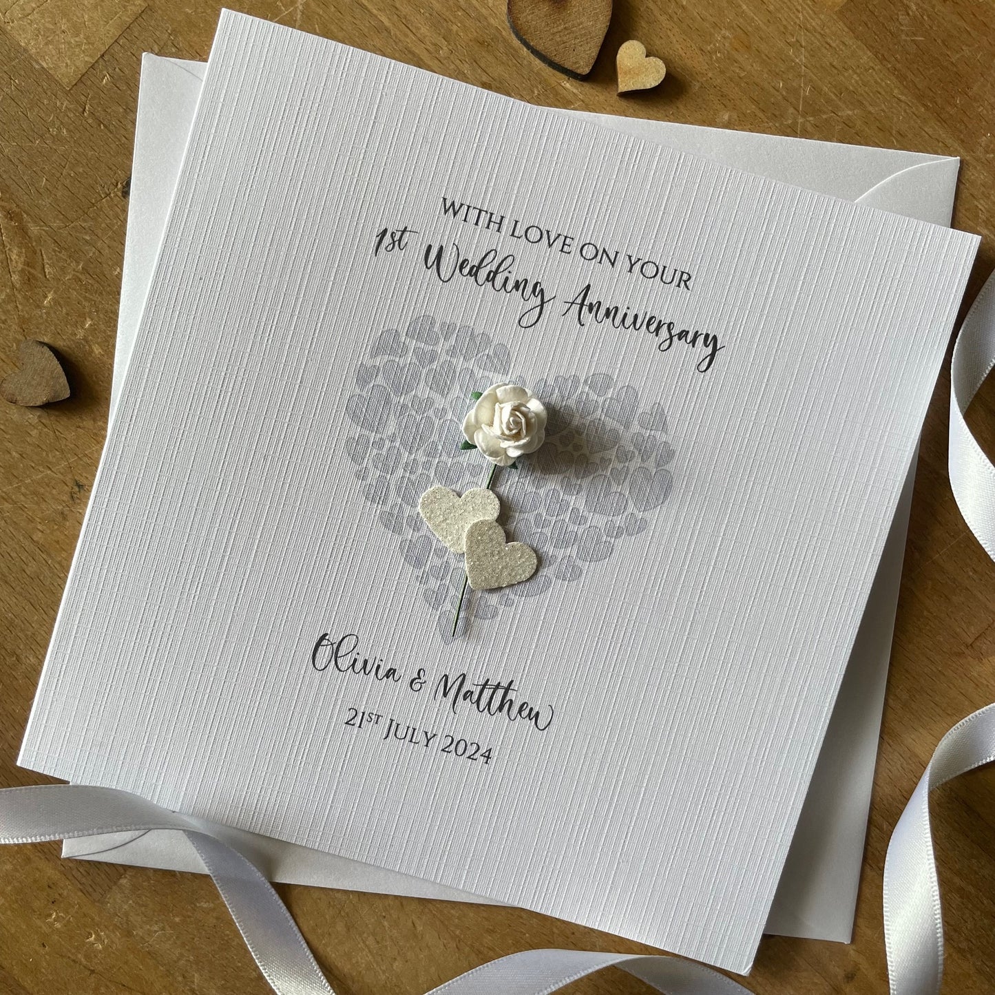 1st Wedding Anniversary Card - Paper Rose Heart of Hearts - Personalised