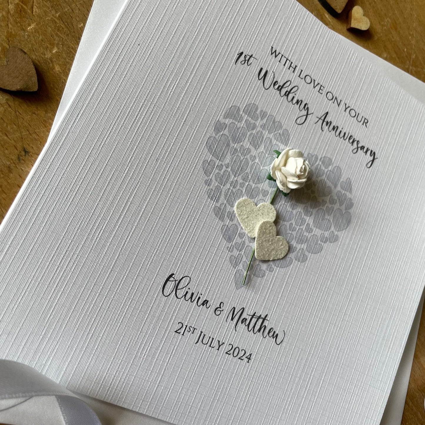 1st Wedding Anniversary Card - Paper Rose Heart of Hearts - Personalised