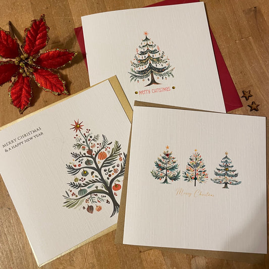 Luxury Christmas Cards - Scandi Christmas Tree Cards with Crystals - Pack/6 - 3 Designs