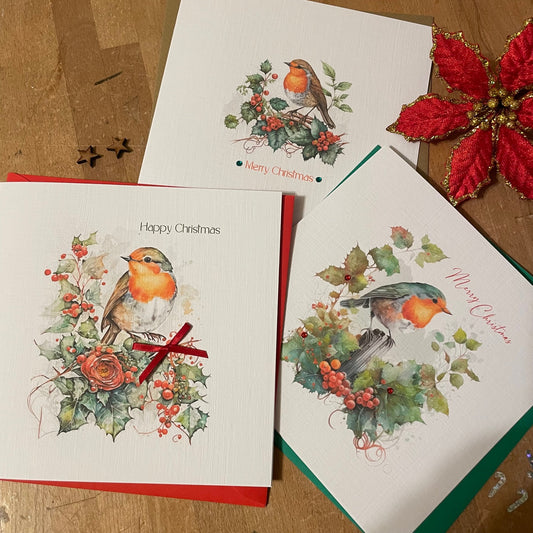 Luxury Christmas Cards - Festive Robin with Crystals and Bow- Pack/6 - 3 Designs