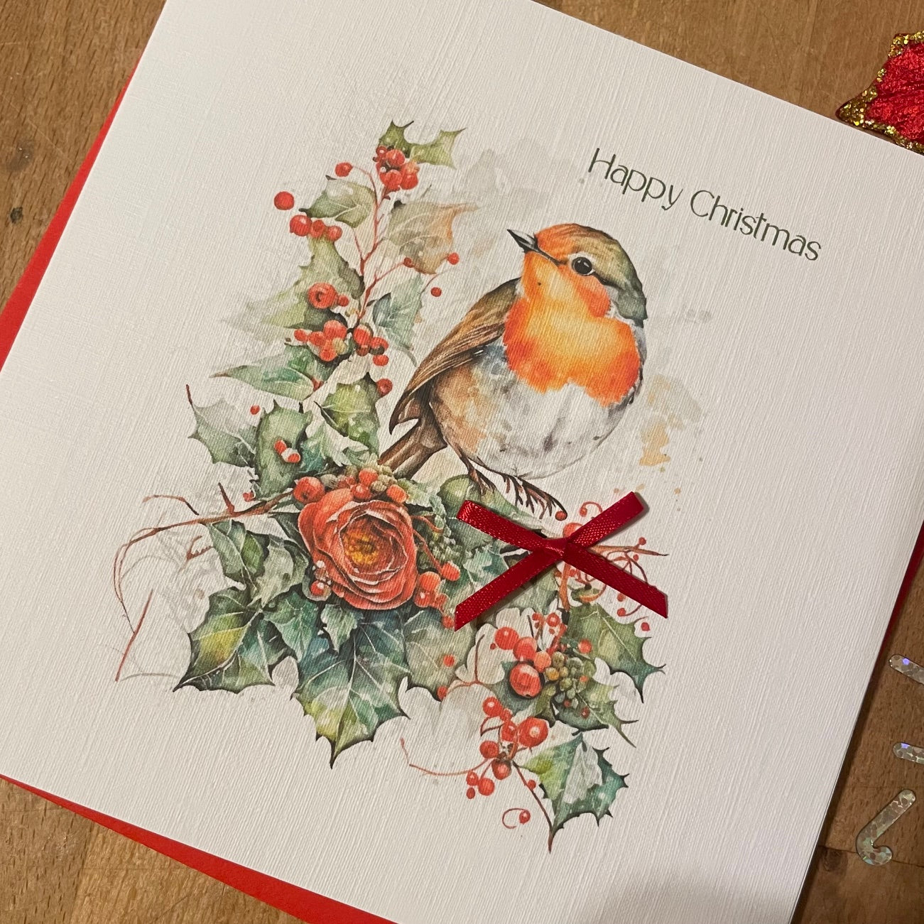 Luxury Christmas Cards - Festive Robin with Crystals and Bow- Pack/6 - 3 Designs