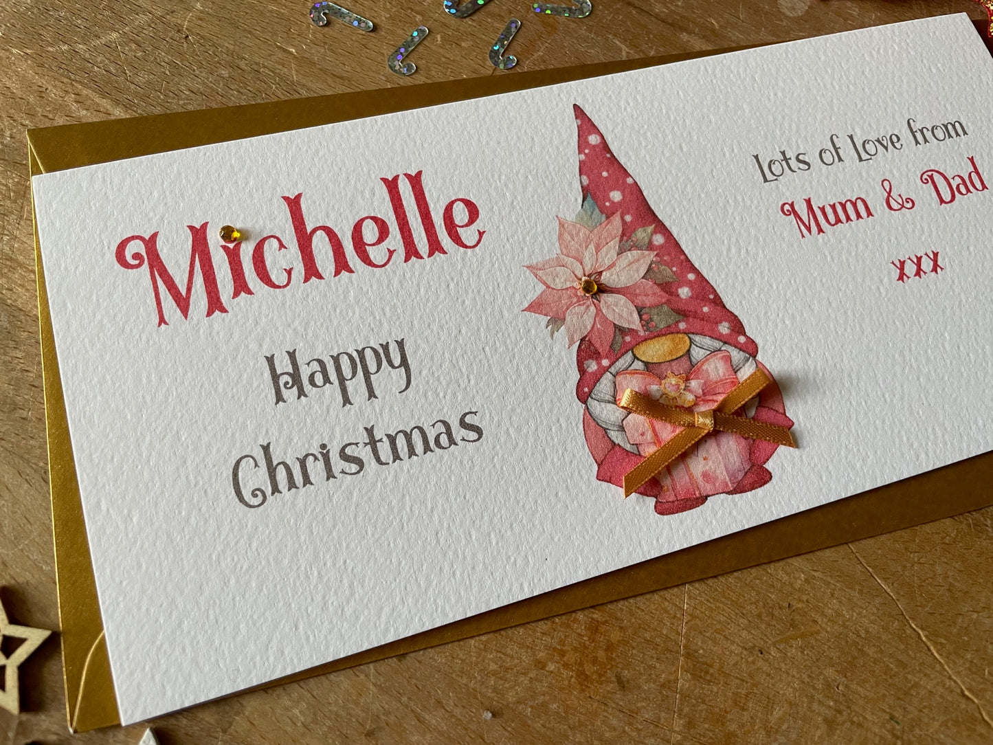 Personalised Christmas Gnome, Elf, Gonk - Pink - Money / Gift / Voucher Wallet