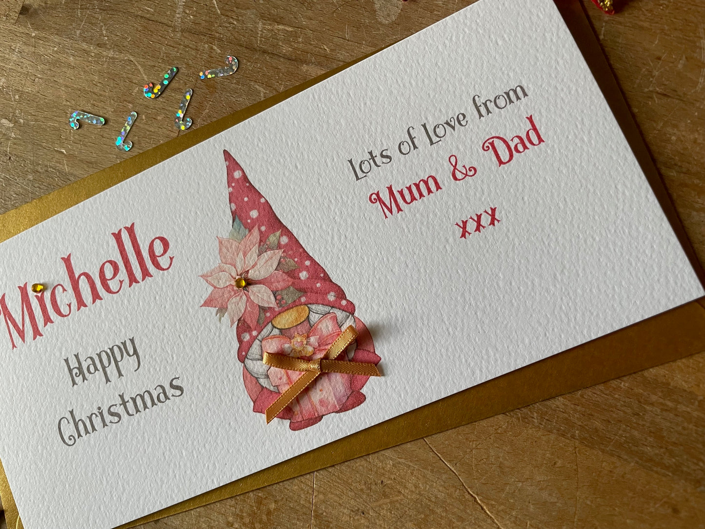 Personalised Christmas Gnome, Elf, Gonk - Pink - Money / Gift / Voucher Wallet