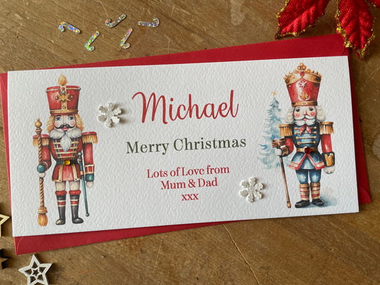 Personalised Christmas Nutcracker Money / Gift / Voucher Wallet - with Crystals and Bow