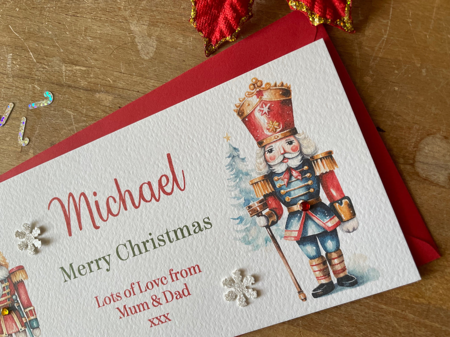 Personalised Christmas Nutcracker Money / Gift / Voucher Wallet - with Crystals and Bow