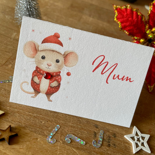 Personalised Christmas Table Name Cards - Christmas Mouse - Table Setting Cards