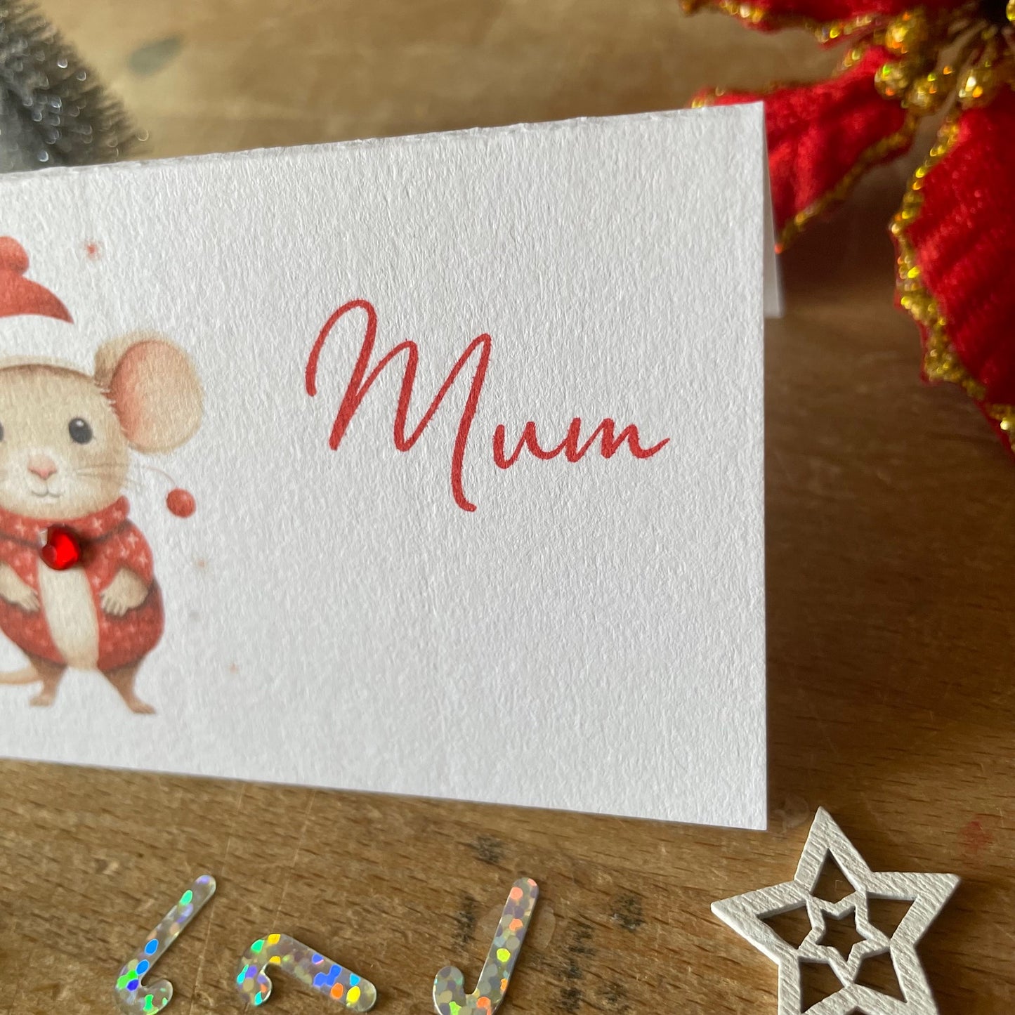 Personalised Christmas Table Name Cards - Christmas Mouse - Table Setting Cards