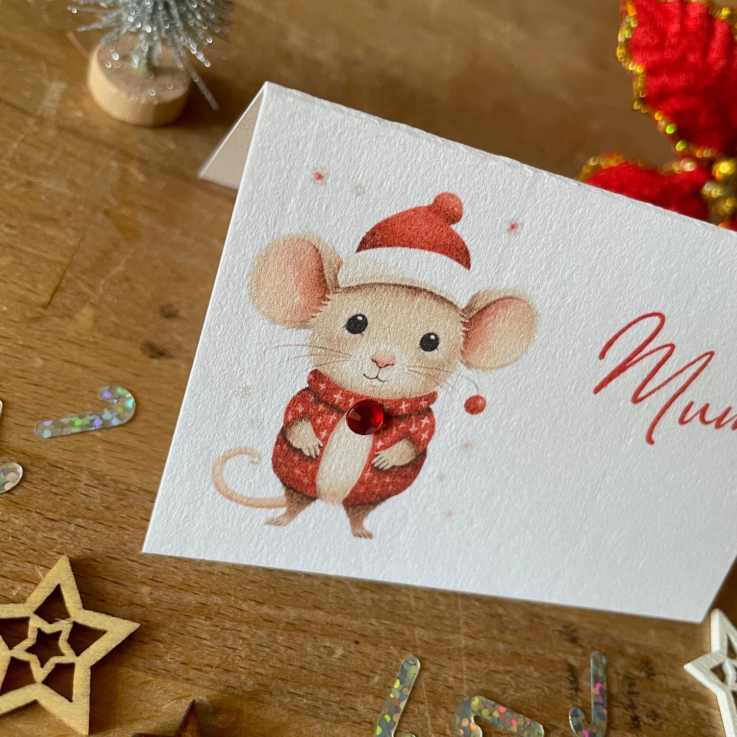 Personalised Christmas Table Name Cards - Christmas Mouse - Table Setting Cards