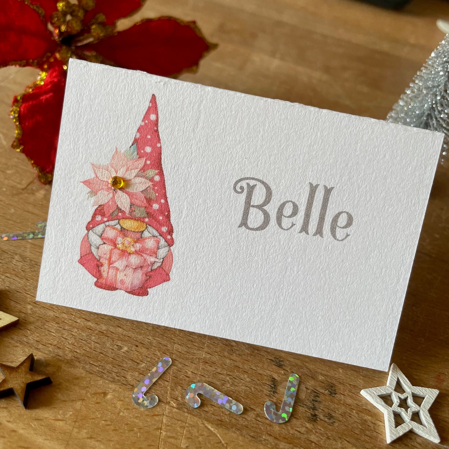 Personalised Christmas Table Name Cards - Pink Miss / Mrs Christmas Gonk, Gnome - Table Setting Place Cards