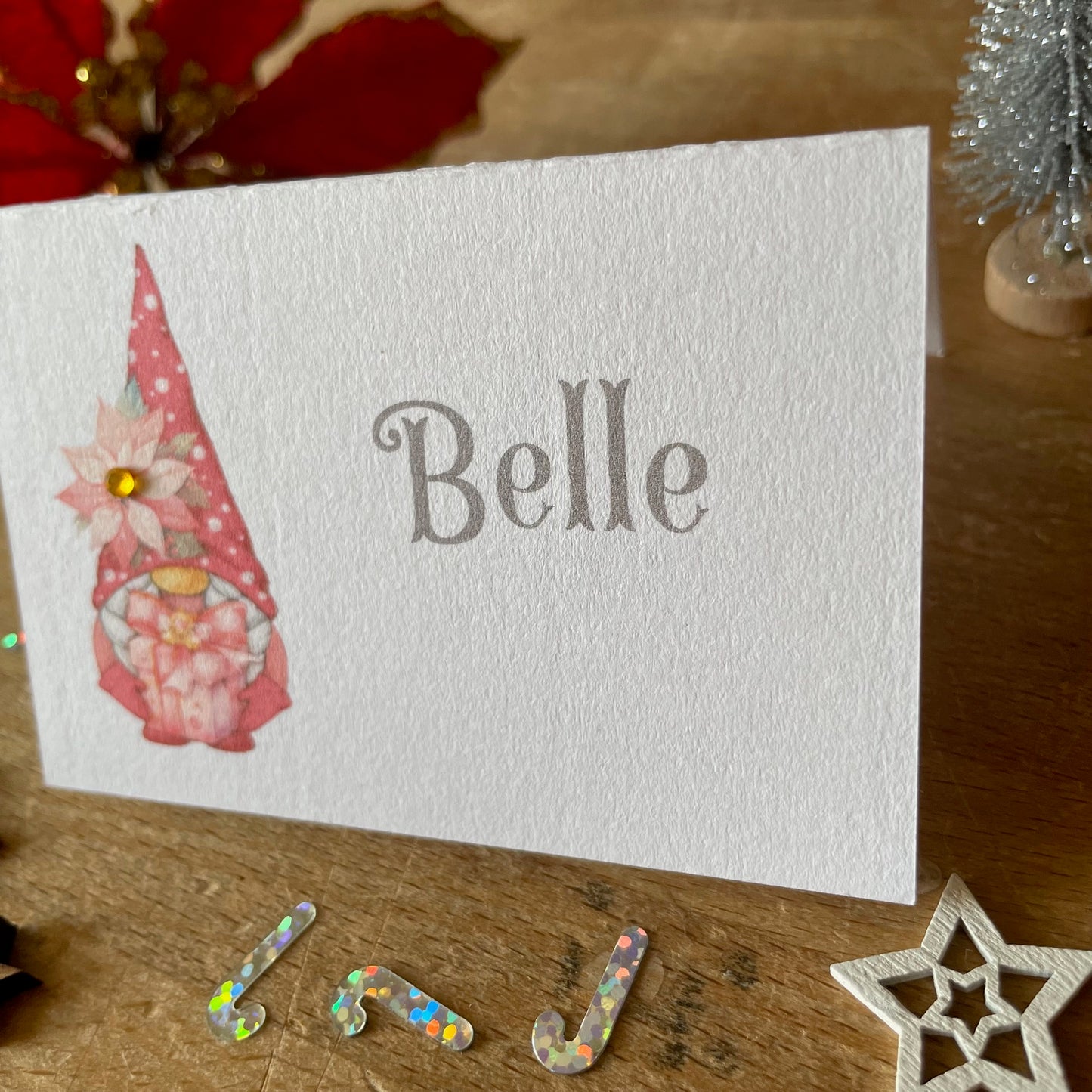 Personalised Christmas Table Name Cards - Pink Miss / Mrs Christmas Gonk, Gnome - Table Setting Place Cards