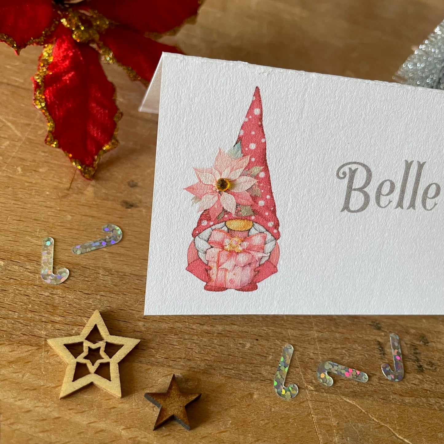 Personalised Christmas Table Name Cards - Pink Miss / Mrs Christmas Gonk, Gnome - Table Setting Place Cards