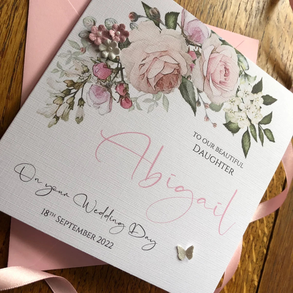 Personalised Wedding Day Card - Dusky Pink Floral Card - to our / my Daughter