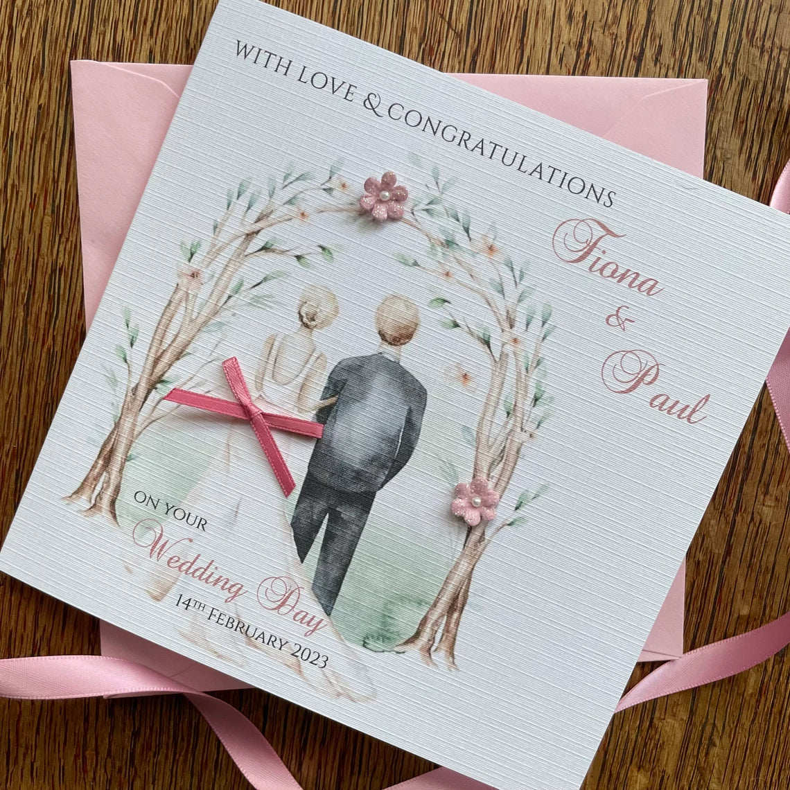 Personalised Wedding Day Card - Floral Bride & Groom Arch - Pastel