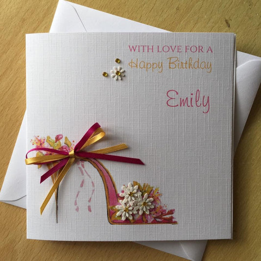 Handmade Personalised Birthday Card - Gold & Pink Stiletto