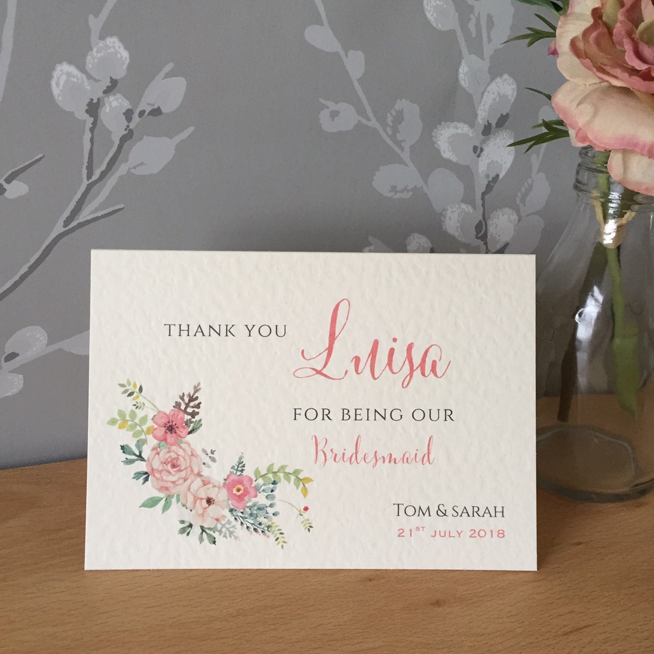 Personalised Thank You Card - Bridesmaids, Maid of Honour, Floral Thank You, Bridesmaid Card - A6