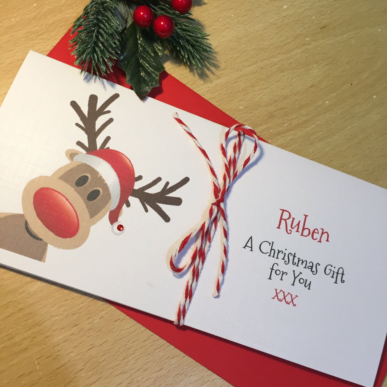 Personalised Christmas Money / Gift / Voucher Wallet with Rudolph and Ribbon