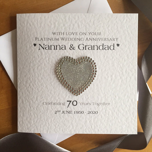 Platinum, Diamond Wedding Anniversary Card - Diamante Glitter Heart - 60th or 70th Anniversary Card, 60 or 70 Years