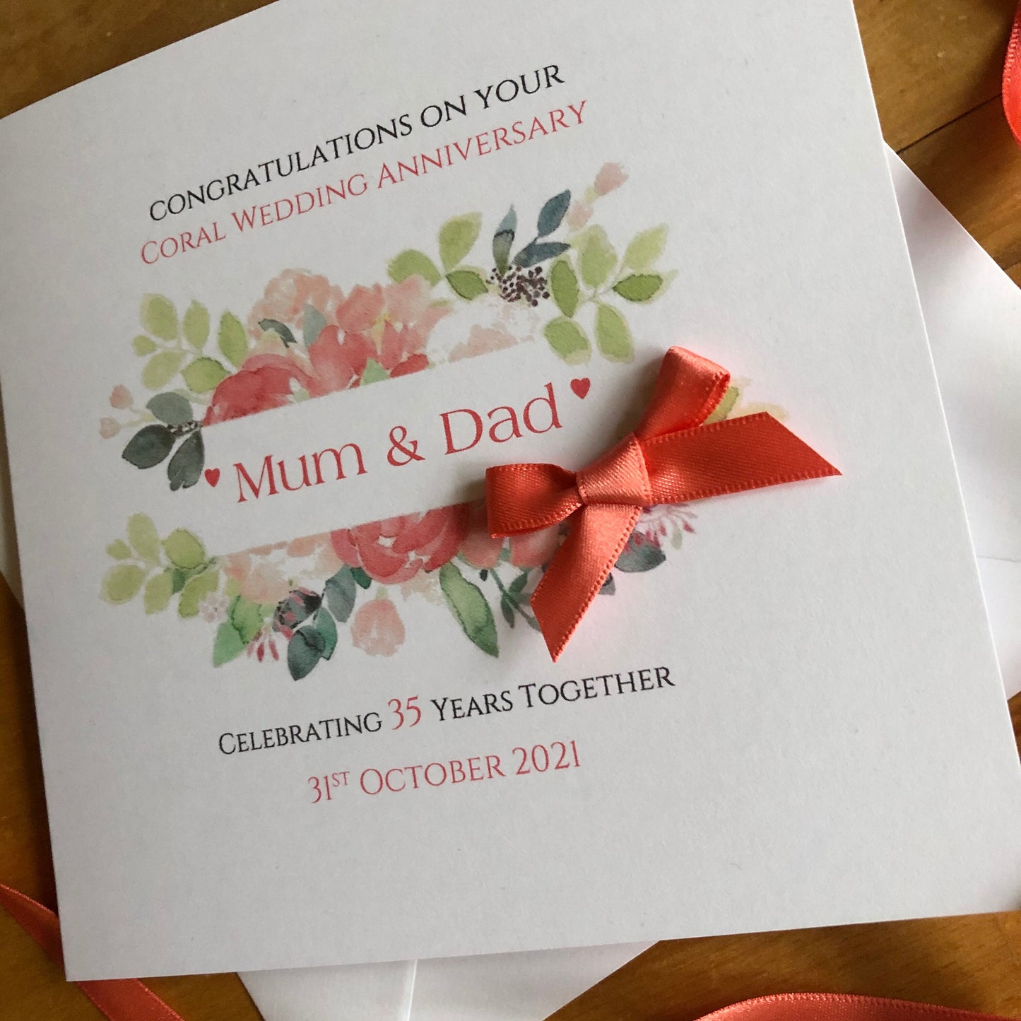 Personalised Coral 35th Wedding Anniversary Card, Floral Frame