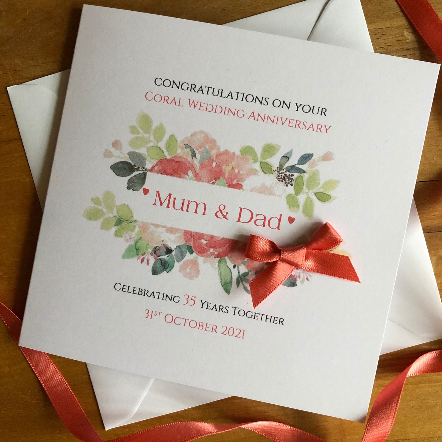 Personalised Coral 35th Wedding Anniversary Card, Floral Frame