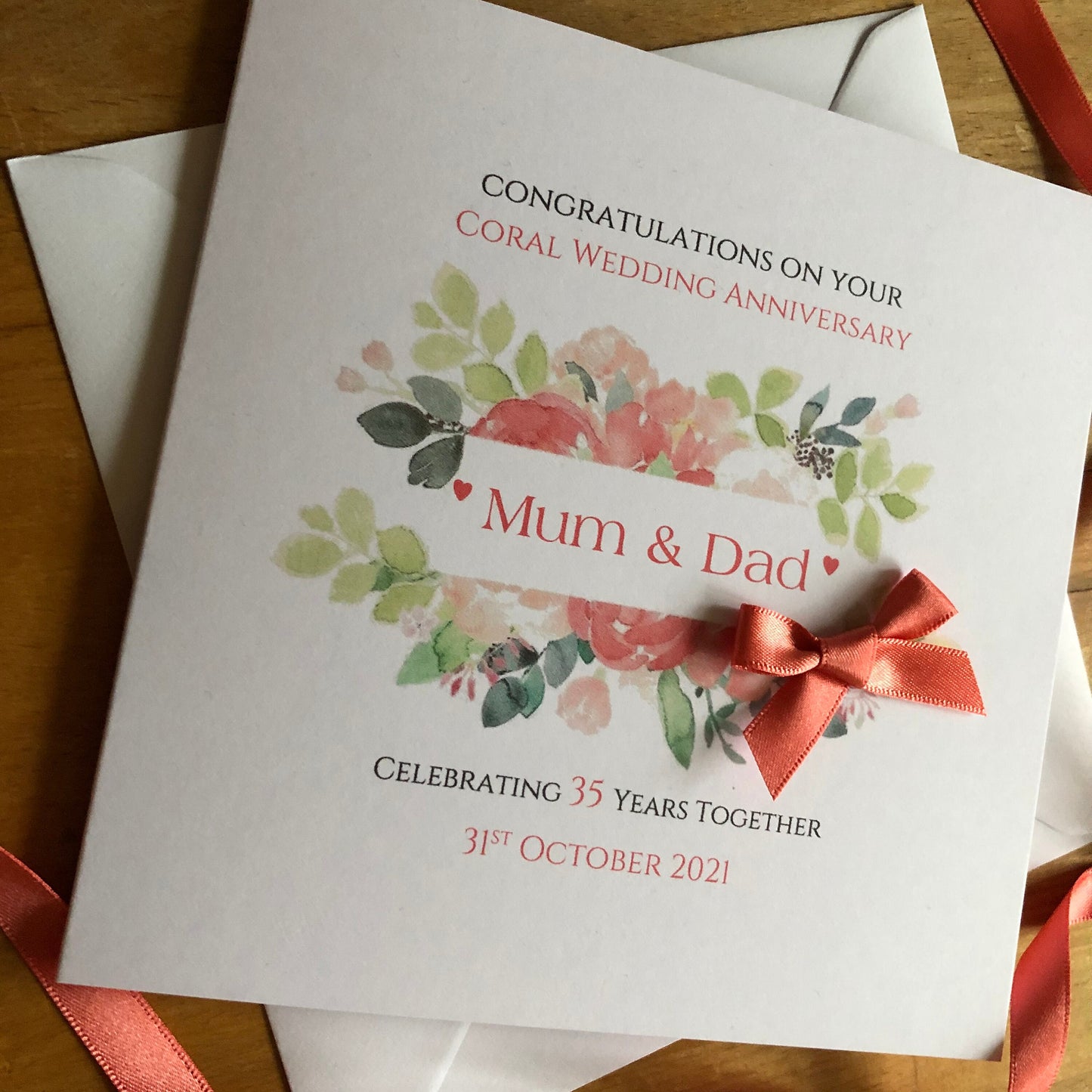 Personalised Coral 35th Wedding Anniversary Card, Floral Frame