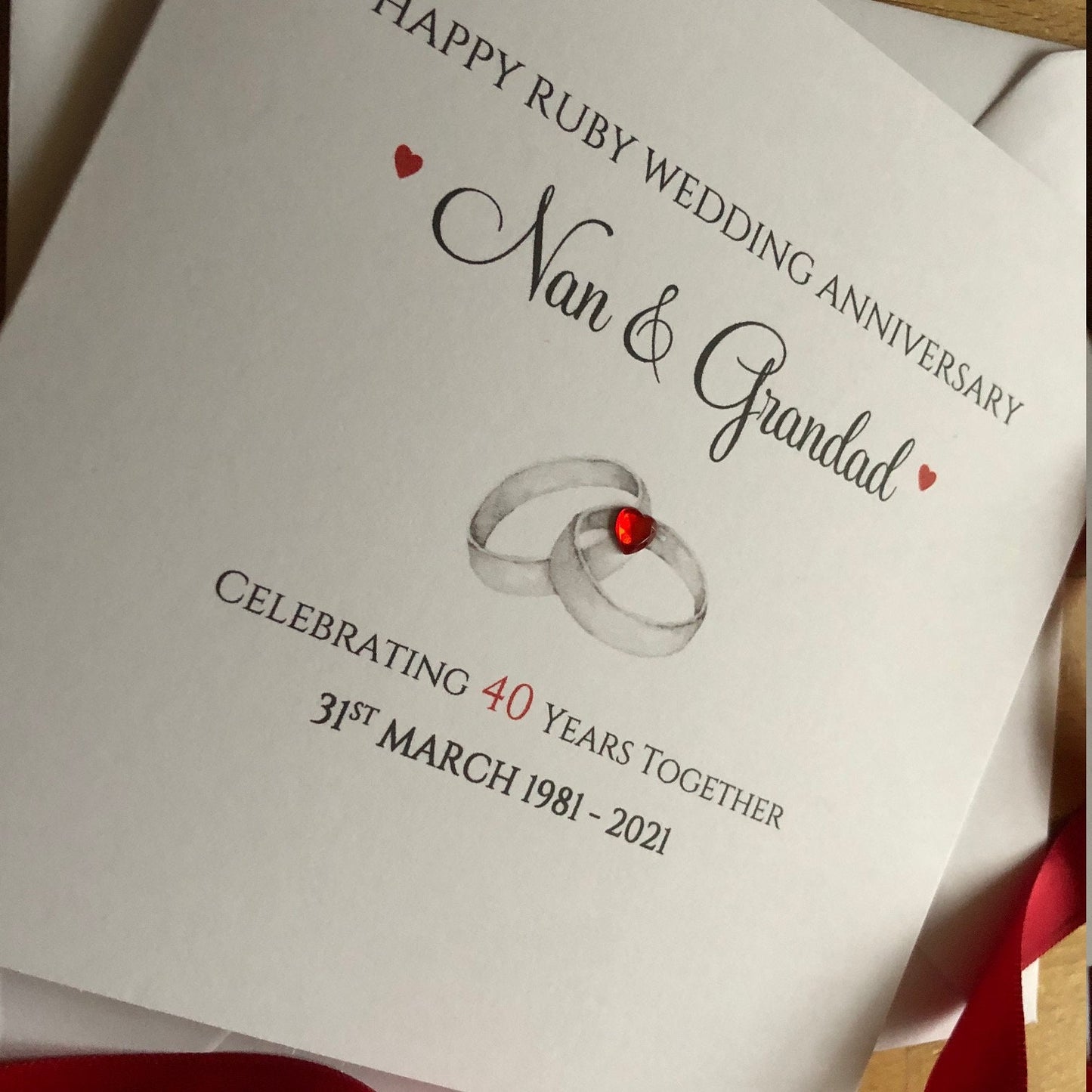 Ruby Wedding Anniversary Card - Entwined Rings - Personalised