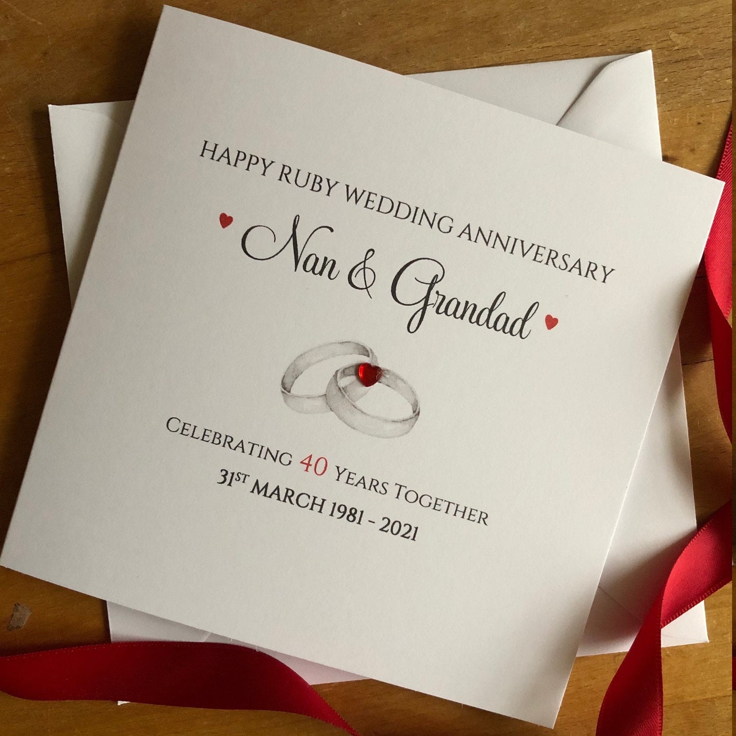 Ruby Wedding Anniversary Card - Entwined Rings - Personalised