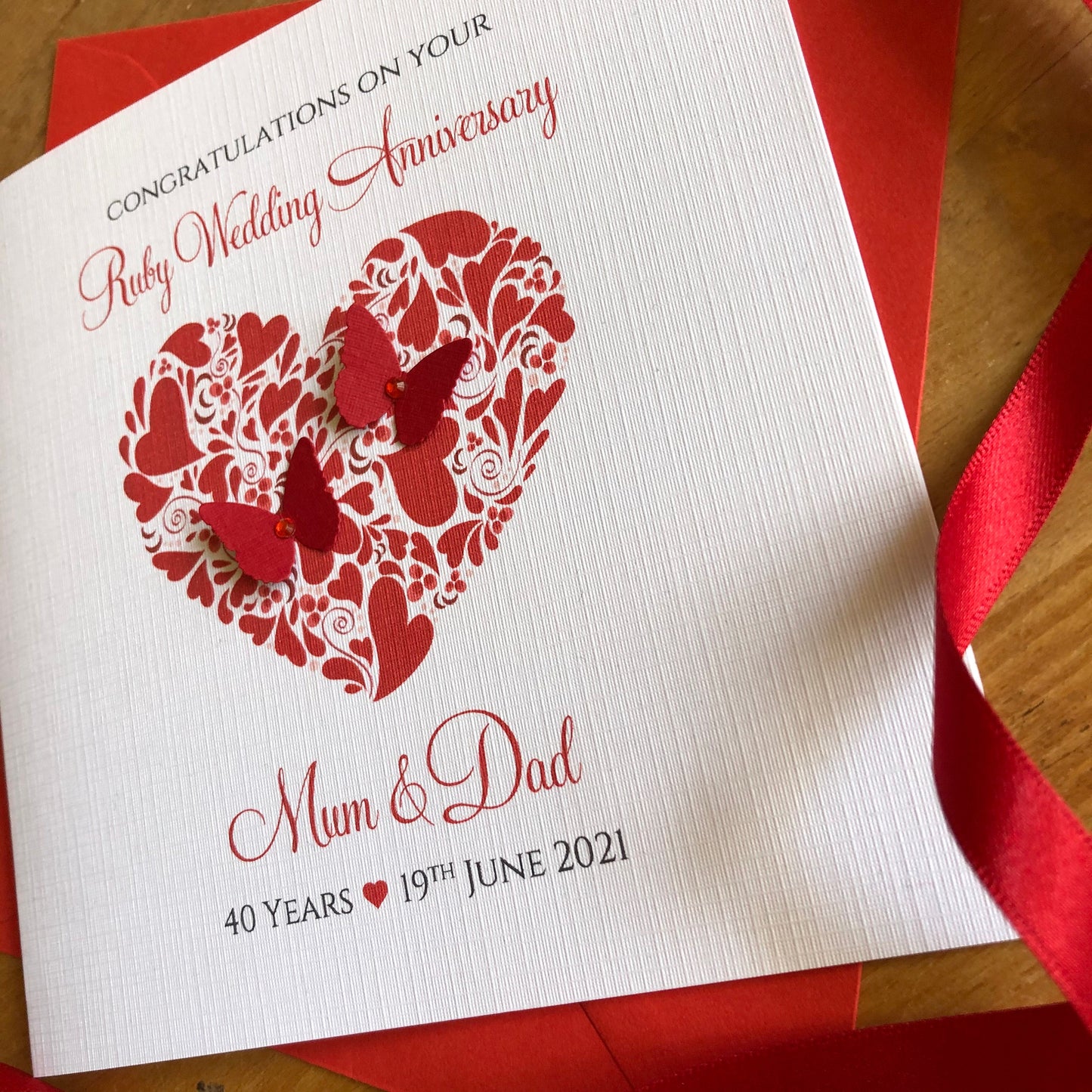 Ruby Wedding Anniversary Card, Heart of Hearts & Butterflies - Personalised