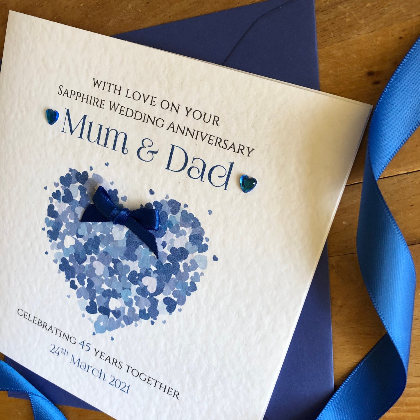 Sapphire Wedding Anniversary Card, Heart Hearts - 45 or 65 Years Personalised Card