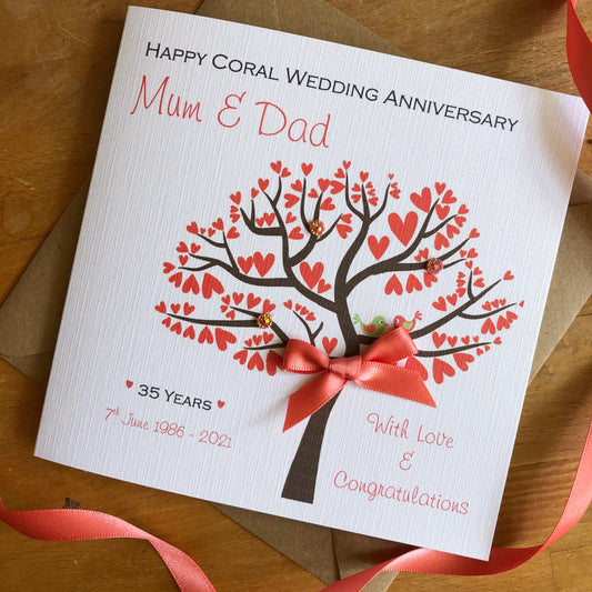 Personalised Coral 35th Wedding Anniversary Card, Coral Heart Tree