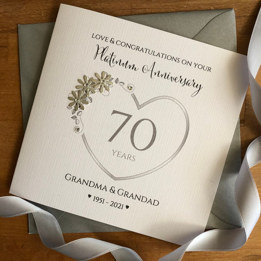 Platinum or Diamond Wedding Anniversary Card, 60th or 70th Number Heart with Glitter Flowers