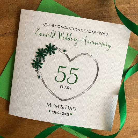 Emerald Wedding Anniversary Card, 55 Years Married - Glitter Number Heart