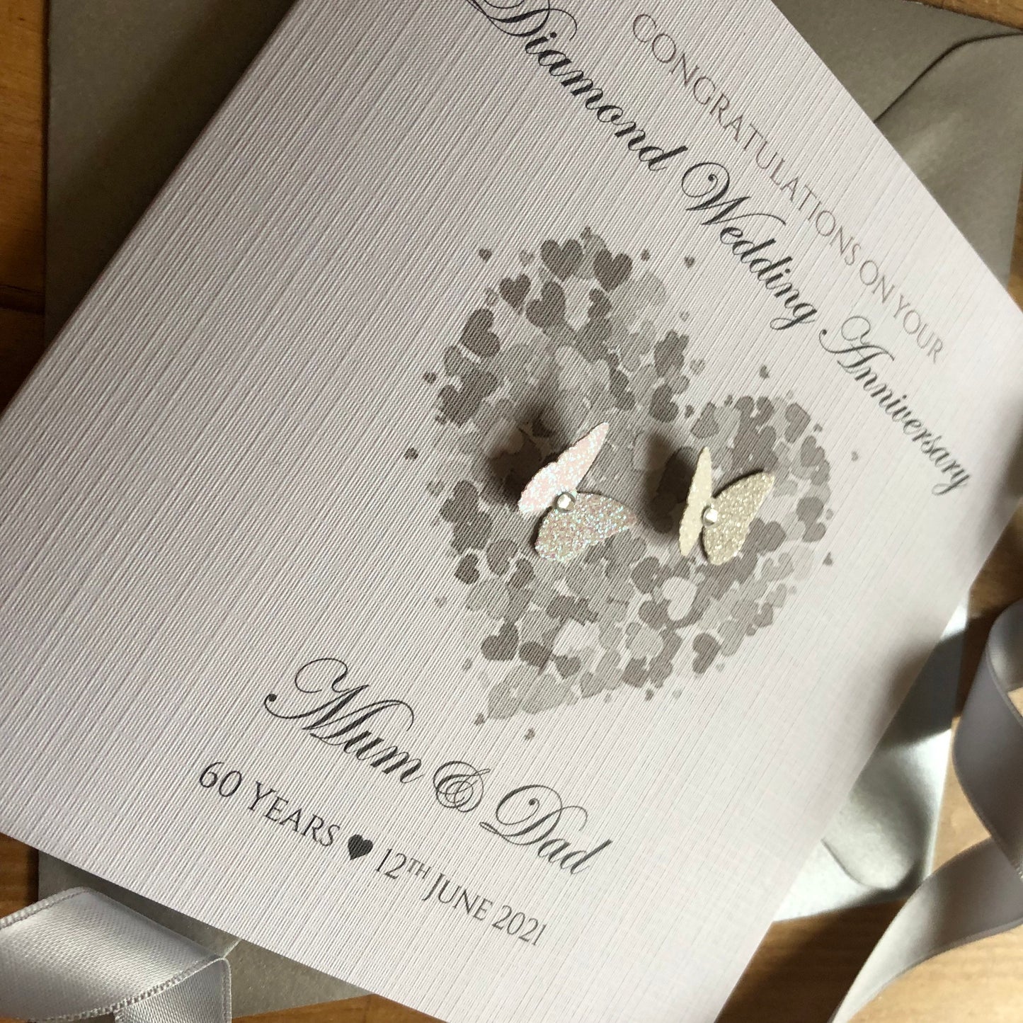 Diamond 60th or Platinum 70th Wedding Anniversary Card, Heart of Hearts & Butterflies