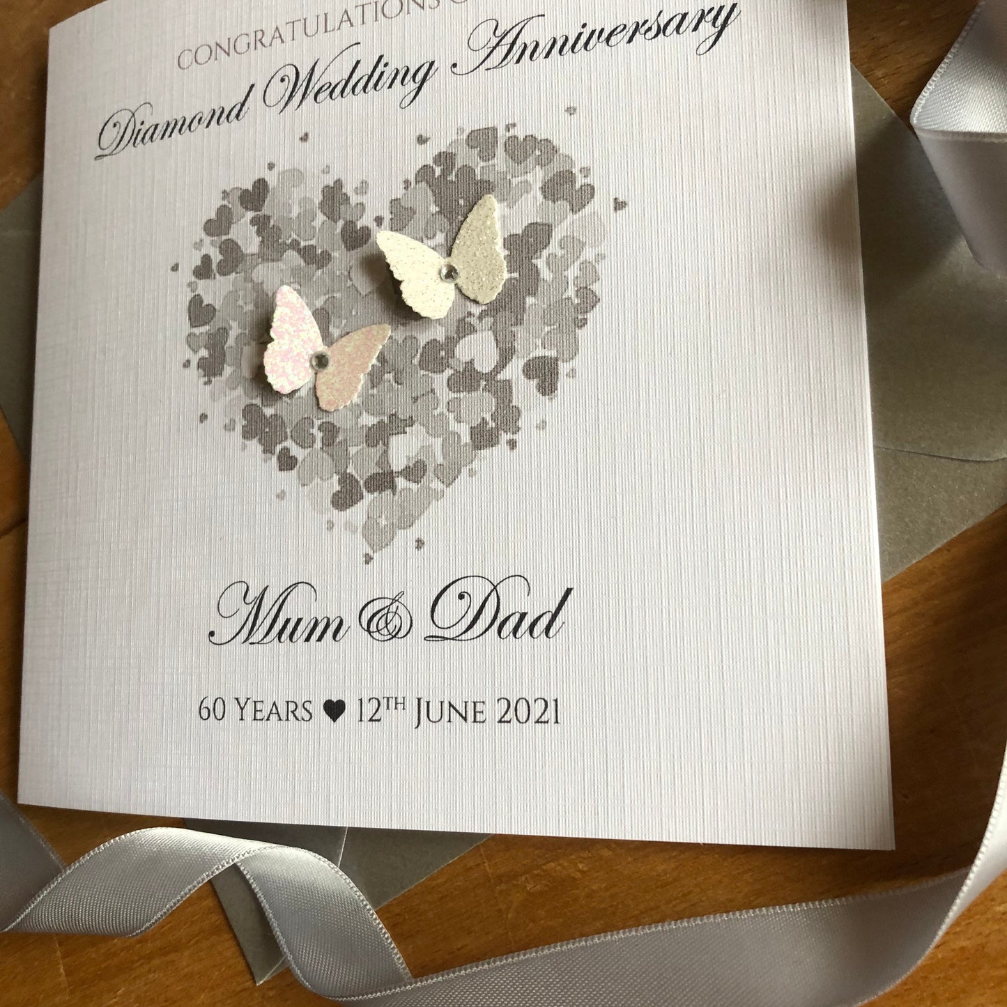 Diamond 60th or Platinum 70th Wedding Anniversary Card, Heart of Hearts & Butterflies