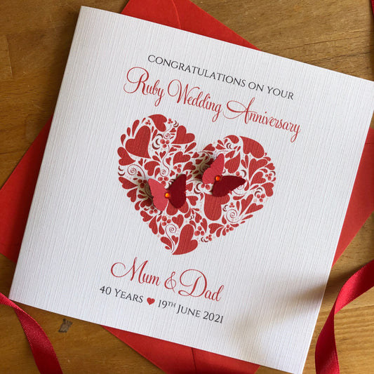 Ruby Wedding Anniversary Card, Heart of Hearts & Butterflies - Personalised